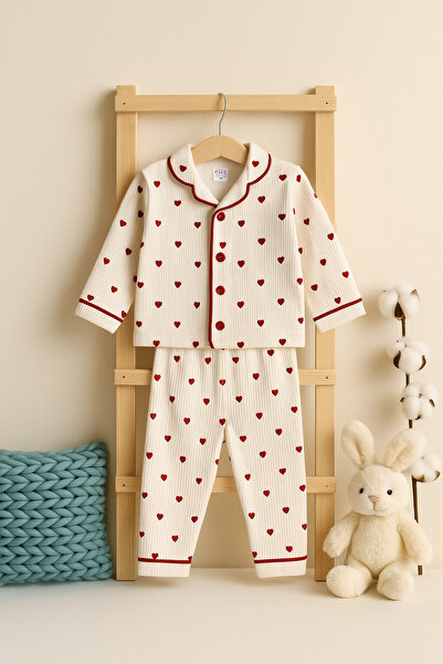 KapsülBebek 100% Cotton Heart Patterned Baby Girl 2-Piece Seasonal Pajama Set – Buttoned Top and Bottom