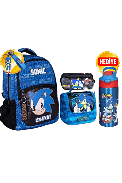 Sonic Lisanslı Okul Çantası , Beslenme Çantası , Kalem Çantası - Çelik Matara 500 Ml Hediyeli