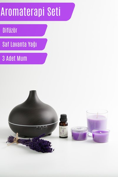 LaLoven Saf Lavanta Yağı 20 ml ve Hava Nemlendirici 550 ml - Aromaterapi Seti - Mum Hediye Seti
