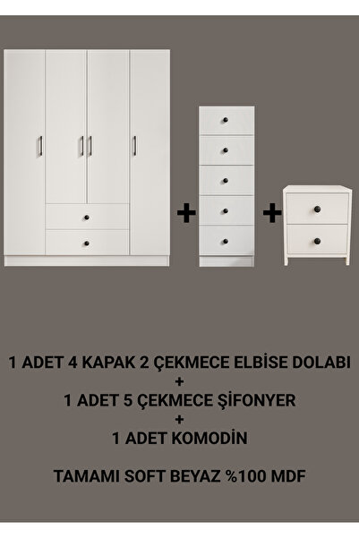 %100 MDF 4 KAPAKLI ELBİSE DOLABI + 5 ÇEKMECE ŞİFONYER + KOMODİN KURULUM ANİMASYONLU