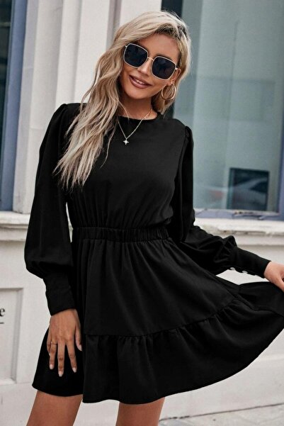 Mossta Long Sleeve Imported Crepe Dress with Elastic Waist and Ruffles - Black