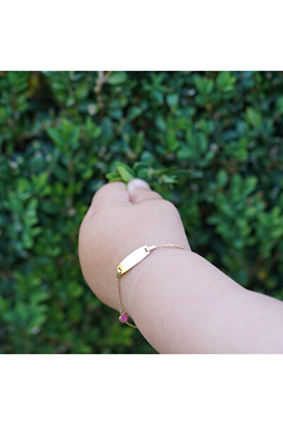 Sandra Ferretti 14K Yellow Gold Children's Bracelet with Nameplate and Pink Heart