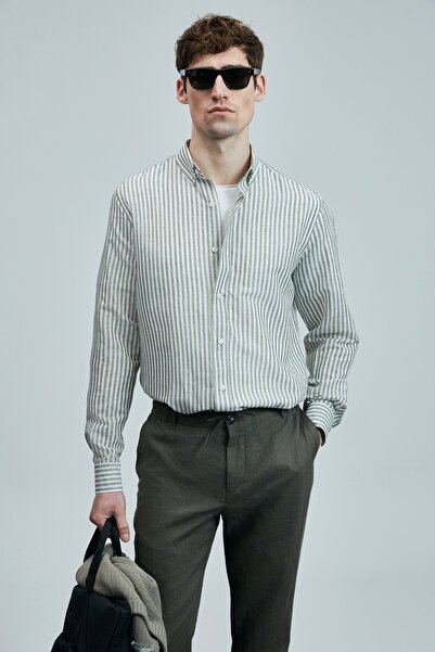 Lufian 111010631 Bert Men's Linen Cotton Shirt Regular Fit Men's Shirt Green