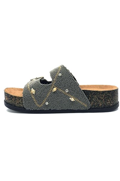 KOCAMANLAR Feles Double Buckle Cork Sole Stone Detailed Women's Slippers Platinum