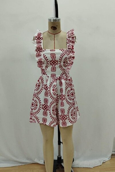 Mossta Square Collar Tie Detailed Patterned Linen Jumpsuit - Claret Red