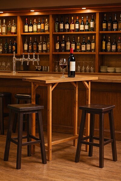 pinoxi Ahşap Bar Masası Ahşap Yemek Masası Eskitme Ceviz Renk