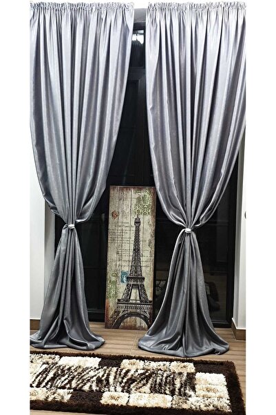 Mastel Set of 2 curtains, grey, plain velvet pattern