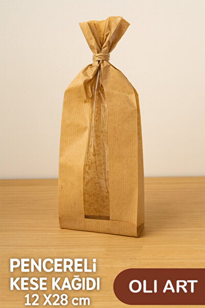 OLİ Art 12x28cm Kraft Paper Bag with Window - 50 Pieces Side Gusset Packaging, Gift Package