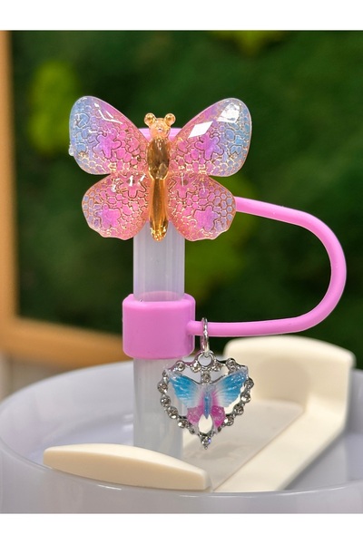 Qans Bilisim Mor Kelebek ve Charm Detaylı Termos Pipet Tıpası, Aksesuarı