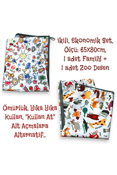 yorni İkili Ekonomik Set, Sıvı Geçirmez, 1 adet Family ve 1 adet Zoo Desen, E...