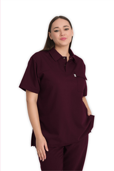 LAME Uniform Kadın Polo Yaka Bordo Likralı Hemşire ve Doktor Forması Scrubs Üst