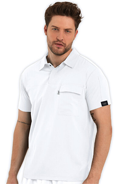 LAME Uniform Erkek Polo Yaka Beyaz Likralı Hemşire ve Doktor Forması Scrubs Üst