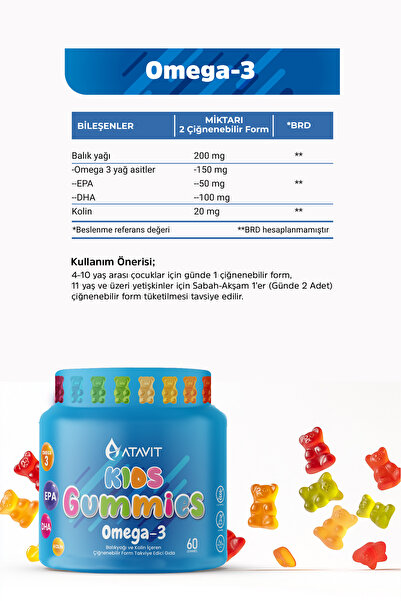 Atavit Omega 3, D3 K2 , Magnezyum Multivitamin Süper 3 lü Gummıes Kıds