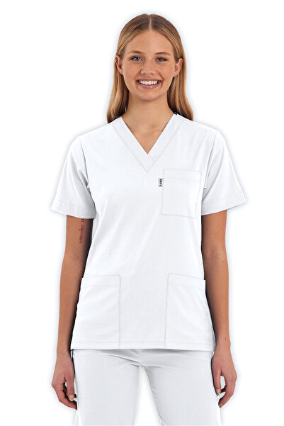 LAME Uniform Kadın Beyaz Likralı Hemşire ve Doktor Forması Scrubs Üstü