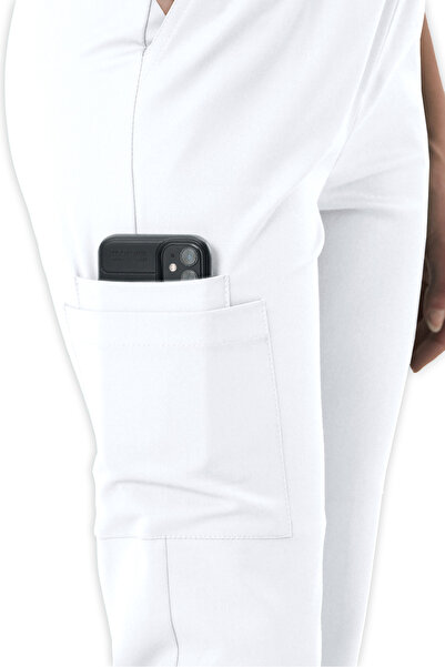 LAME Uniform Kadın Beyaz Kargo Cepli Likralı Hemşire ve Doktor Forması Scrubs...