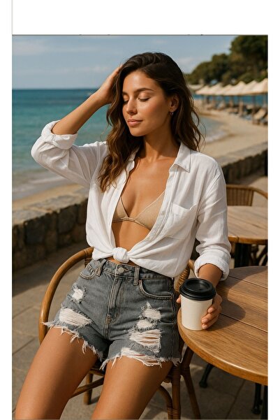 shai Püskül Detaylı Gri Renk Yırtık Model Denim Şort