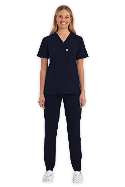 LAME Uniform Kadın Lacivert Likralı Hemşire ve Doktor Forması Scrubs Takım