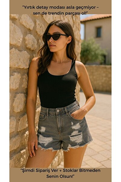 shai Püskül Detaylı Gri Renk Yırtık Model Denim Şort