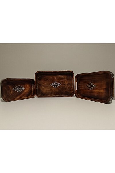 DNC Silver Embroidered Handmade Wooden Tray Set of 3 - Decorative Presentation Tray Serving Tray