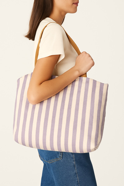 ANP MODA TASARIM Çizgili Kanvas Kadın El Omuz Çantası Fermuarlı İçi Cepli Canta