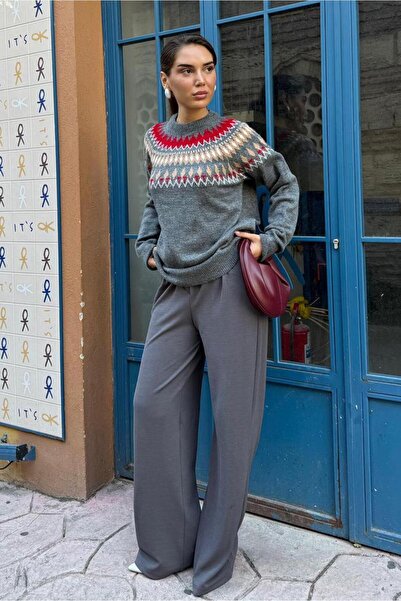 Madmext Anthracite Crew Neck Patterned Women's Knitwear Sweater Mg2502