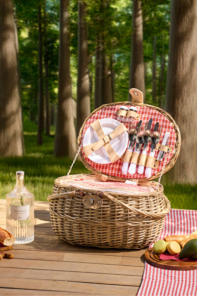 Perotti Cestino Italy 4 Kişilik Hasır, Kırmızı Astarlı Cooler, Aksesuar Sepeti ile Taşınabilir Piknik Sepeti
