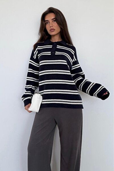 Madmext Синій поло з коміром-стійкою та смужками Жіночий трикотажний светр Mg2469