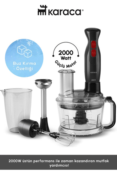 Karaca PRO-2000W مفرمة توربو، قطاعة روندو، خلاط - خلاط فولاذي ثنائي، محضر طعام كسارة الجليد
