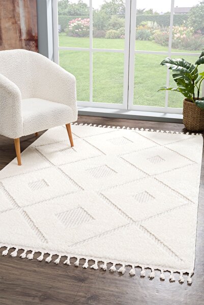 SİMEREV HALI Beyaz Bej Yumuşak Peluş Shaggy Modern Dokuma Salon Mutfak Çocuk ...