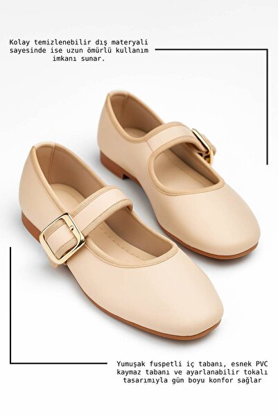 Nstil Daily Women's Beige Ballerina Single Strap Elastic Buckle Soundless Orthopedic Lightweight Home Work Shoes 210