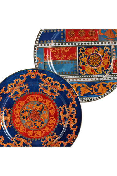 Lucky Art Clarissa Bone China Porcelain Blue Red Baroque Patterned Set of 4 Dessert Plates 20 cm