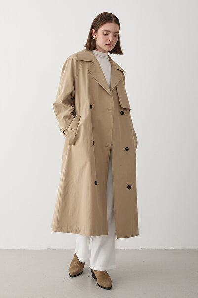 JASTE Kadın Bej Kruvaze Yaka Astarlı Trençkot