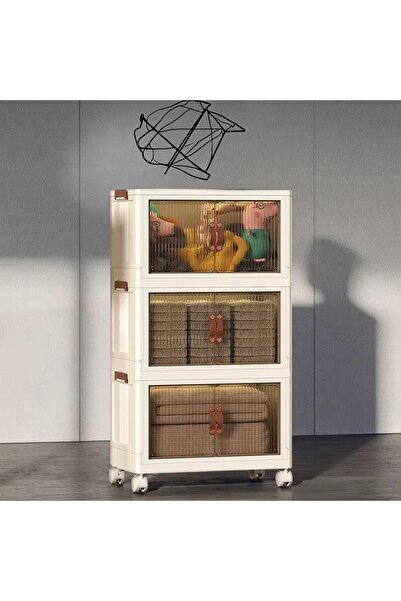MOSTAFA 3-tier beige dotted wardrobe with wheels, brown silicone wardrobe handle, foldable, detachable and stackable