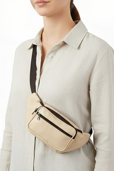 CüzCan Unisex Krem Hakiki Deri Freebag Bel ve Göğüs Çantası