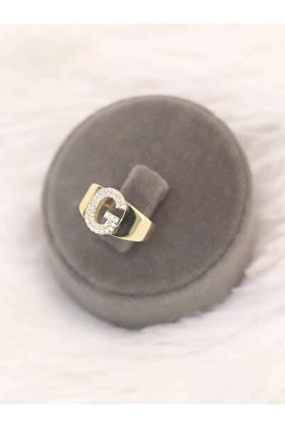 ZEYNEPLİ GOLD 14 Ayar Altın Büyük G Harfli Taşlı Yüzük