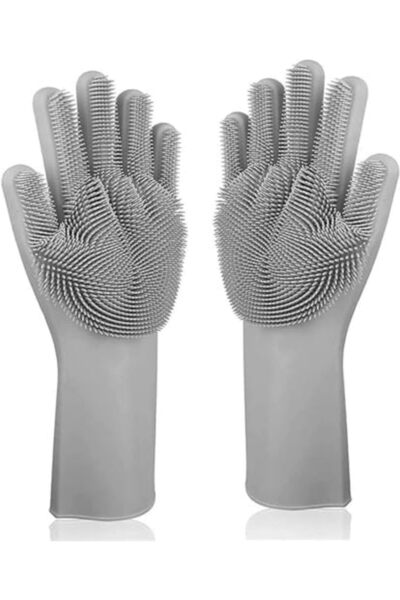 Generic Magic Dishwashing Gloves Reusable Silicone Gloves with Scrubber Brush (Grey)