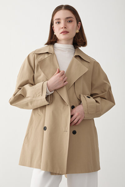 JASTE Kadın Bej Kruvaze Yaka Astarlı Trençkot