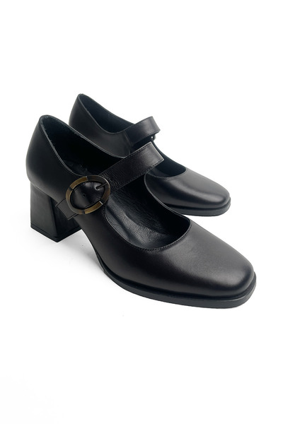RABU Siyah Kadın Hakiki Deri Küt Burun 6 cm Kalın Topuklu Mary Jane Ayakkabı