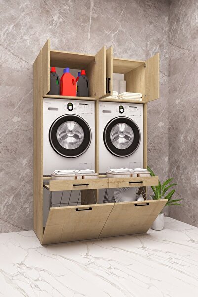 DEMİRBAL MOBİLYA Mdf Çamaşır Makinesi Kurutma Makinesi Dolabı Kirli Sepetli