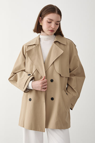 JASTE Kadın Bej Kruvaze Yaka Astarlı Trençkot