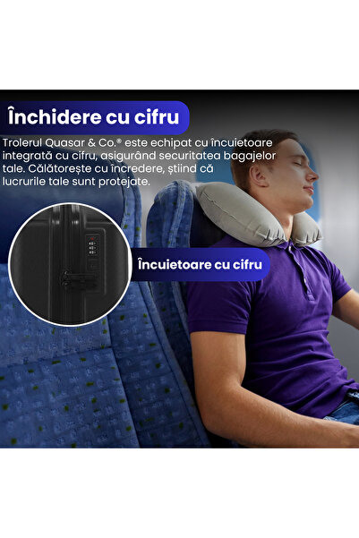 Quasar & Co. Troler cabina,40x30x20cm, bagaj de mana, troller cu cifru,valiza 4 roti detasabile,ABS, SMART,negru