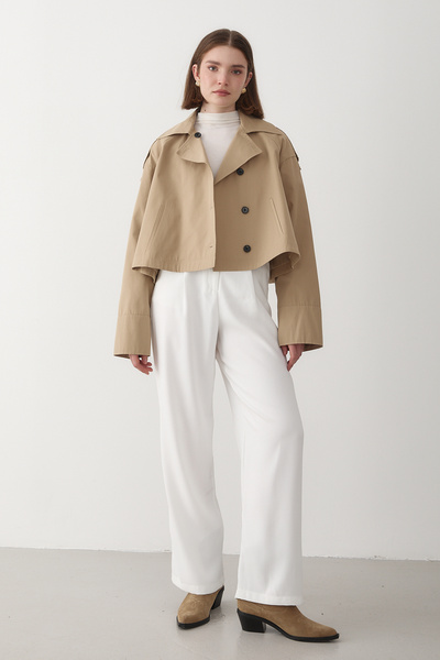 JASTE Women's Beige Double Breasted Collar Trench Coat