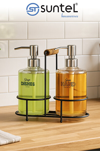 Suntel Диспенсър за течен сапун с метална стойка, пластмасова бутилка, 500 мл...