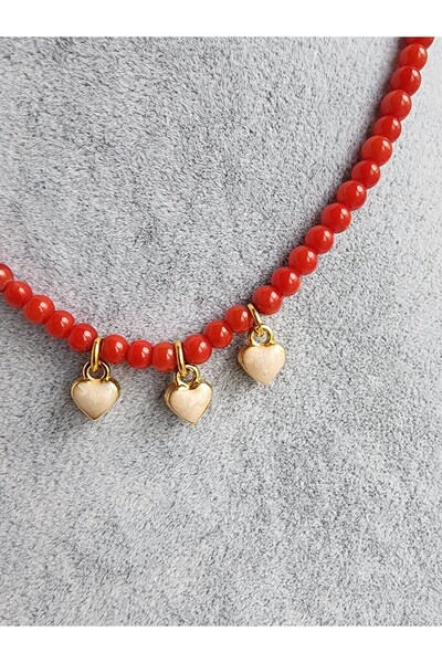 AYDOTA Gerçek Mercan Doğaltaş Kolye Mineli Çelik Kalp Uçlu