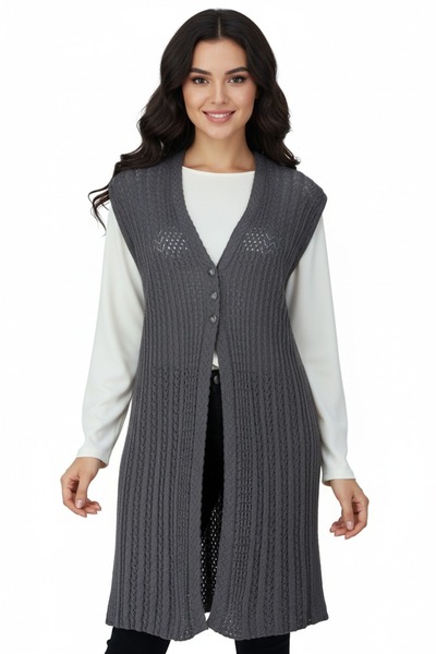 Oppland Kadın Pamuklu Rölaks Örme Anne Yelek V Yaka Ressam Motifli Delikli Üç...