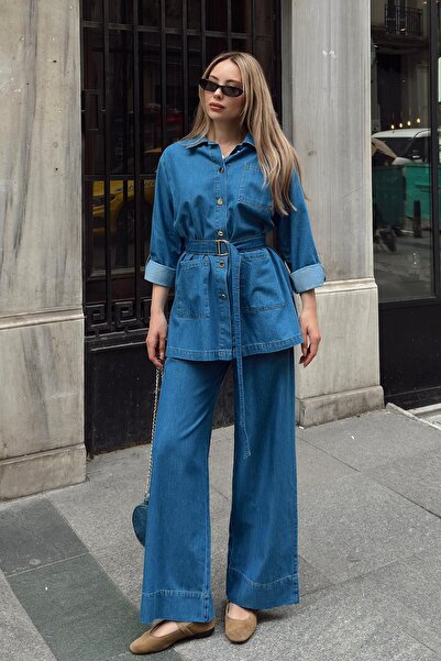 Olcay Kék öves kabát és nadrág farmer kétrészes szett