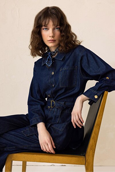 Olcay Belted Jacket and Trousers Denim Double Suit Dark Blue 9293-Tk