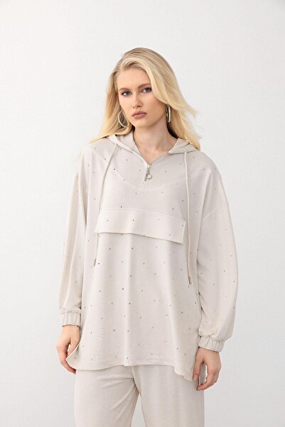 Olcay Premium Fabric Sweat Pants Suit with Hooded Stone Pave Cream 7984-Tk