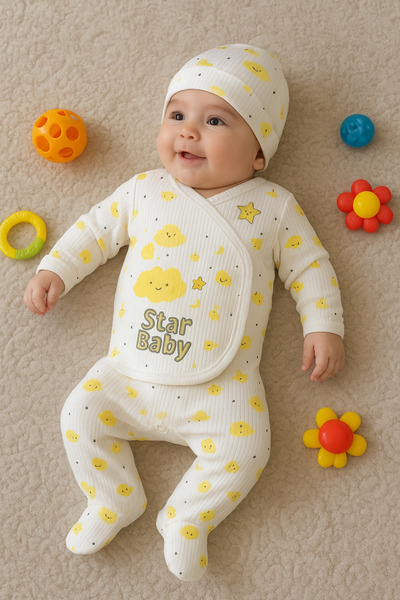 anne dokunuşu gibi KUZUM BEBE Yellow Cloudy Girl Boy Baby Suit with Gloves Ho...