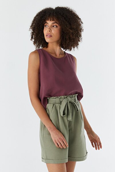 Shopping Shop Elastic Waist Belted Linen Shorts Khaki